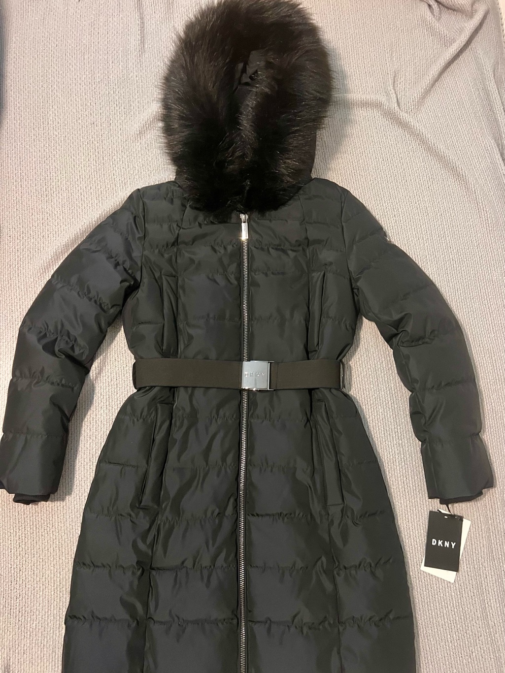 Dkny Black Long Belted Puffer Coat With Faux Fur Hood